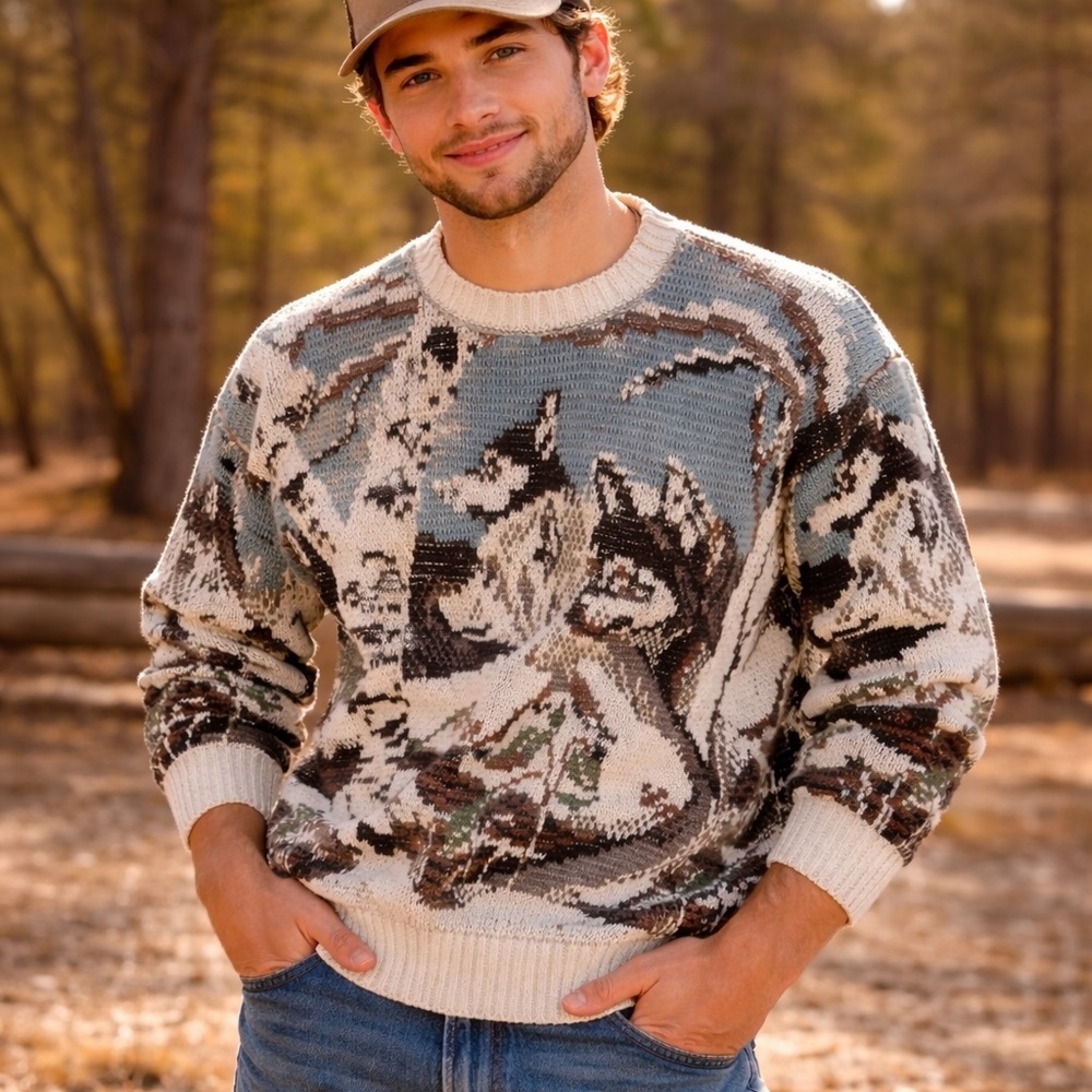 Vintage 90’s National Wildlife Wolf Graphic Heavy Knit Crewneck Sweater